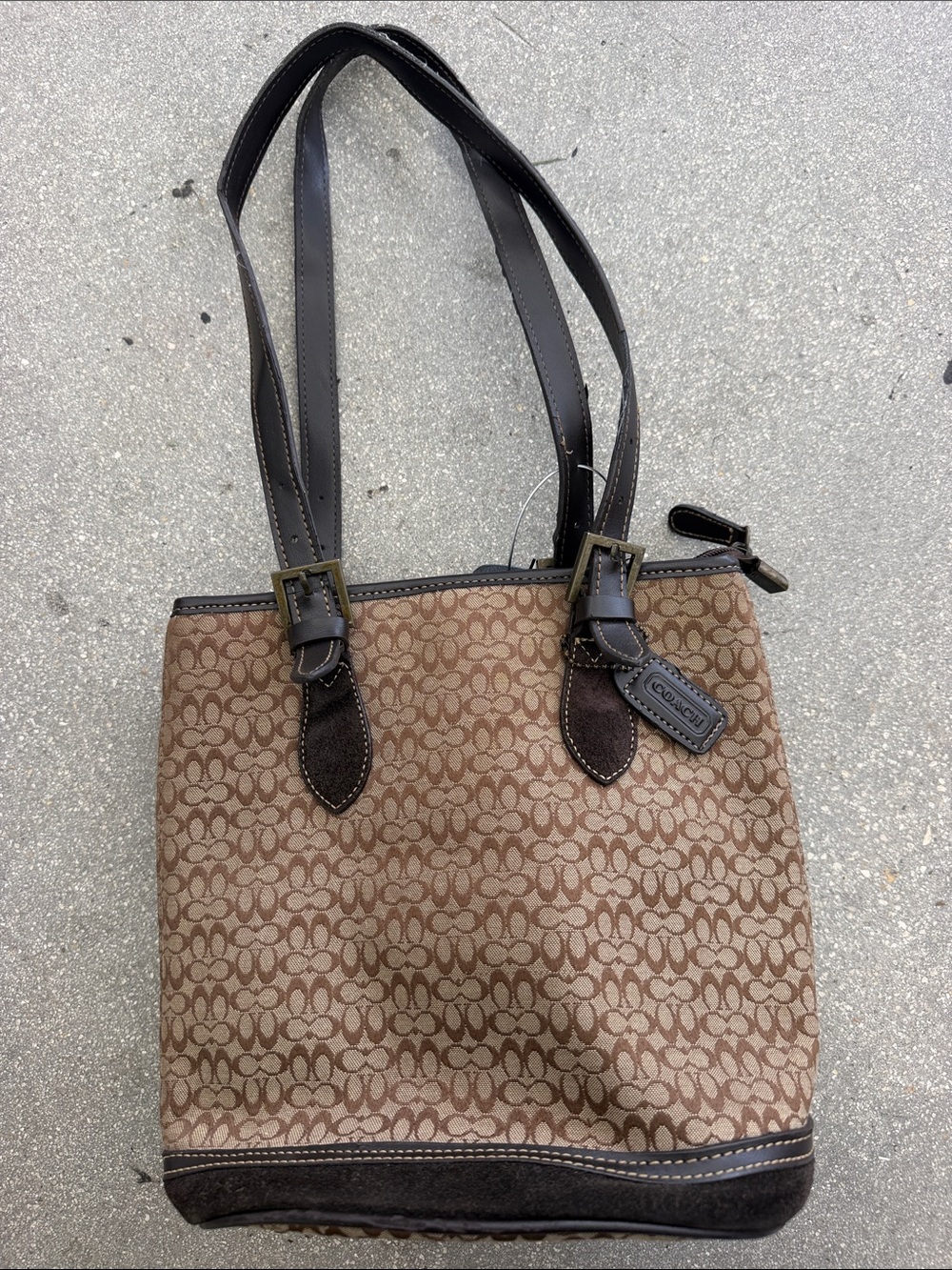 Vintage Coach Brown Signature Jacquard Tote with Dark Brown Leather Trim